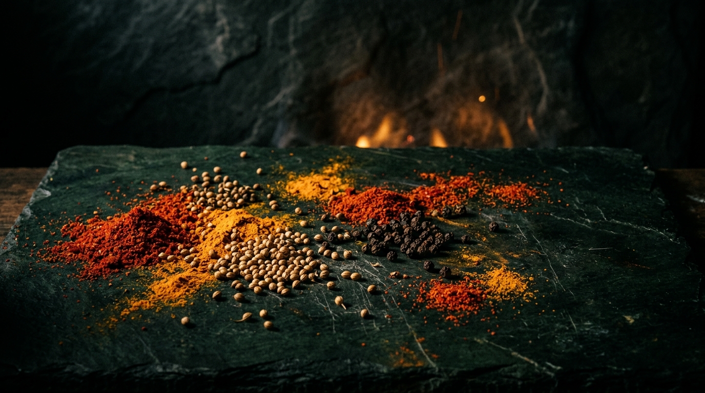 Single origin Indian spices arranged on dark Jaipur stone